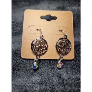 (3 for $15) JoMa Silvertone Scroll Hoop Earrings with Dangling Austrailian Cryst